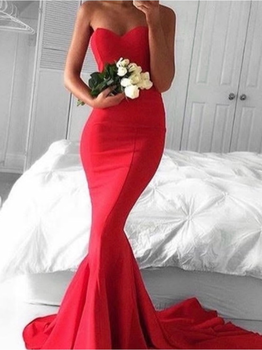 Red Strapless Mermaid Evening Gown